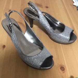 Nine West Women's Open Toe Slingback Silver Glitter Heels Pumps